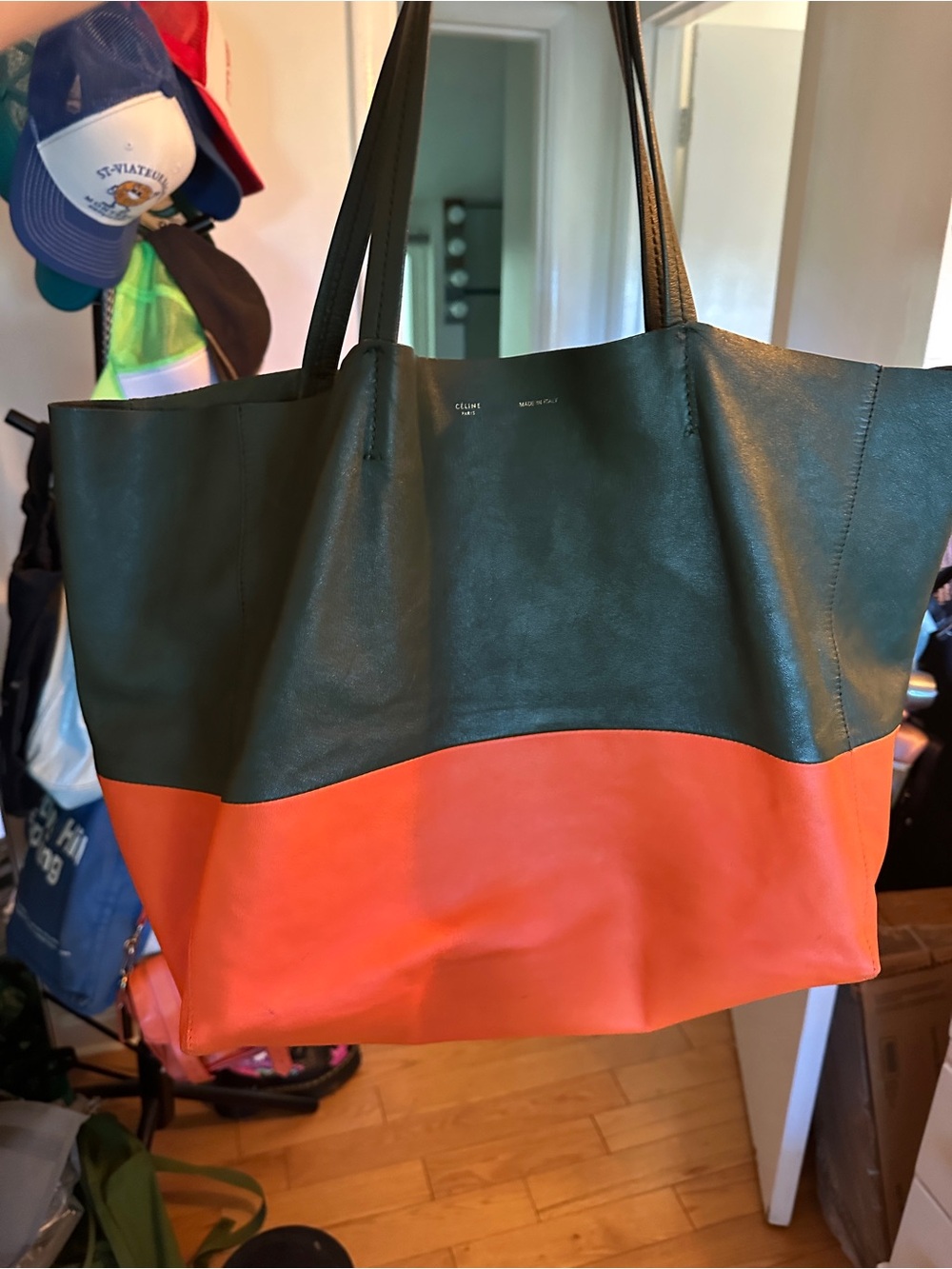 Celine Two-Tone Green and Orange Colorblock Leather Tote - horizontal cabas